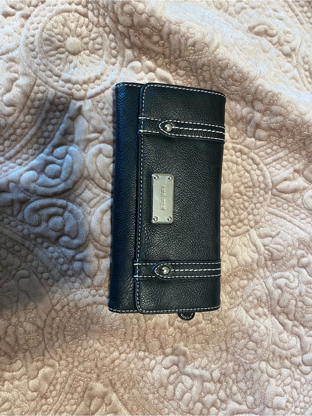 Nine West Black Leather Long Card Holder with Silver Plate